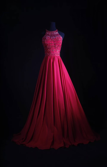 Vintage A line Halter Pink Chiffon Beads Long Prom Dresses Party Dress Princess Graduation Outfits For Women AU545