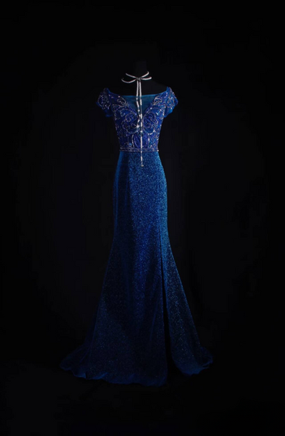 Vintage Prom Dresses 1950s Retro Classy Mermaid Bateau Sequin Royal Blue Prom Dress Party Dress Graduation Dress AU546