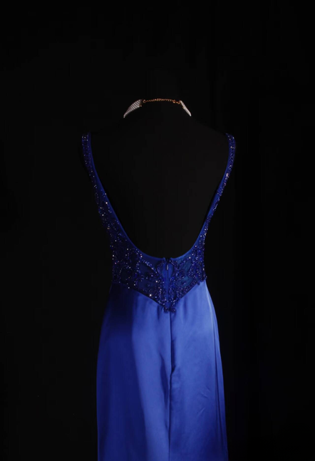 Vintage Mermaid Square Neck Royal Blue Beads Satin Long Prom Dresses Party Dress Princess Graduation Outfits For Women AU551