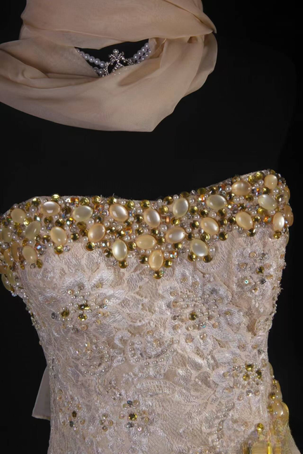Vintage Prom Dresses 90s Mermaid Sweetheart Lace Gold Beads Long Party Dress Inspiration Senior Dance Graduation Dresses AU560