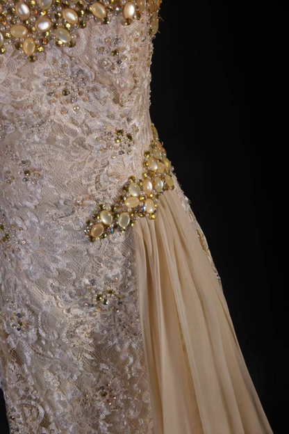 Vintage Prom Dresses 90s Mermaid Sweetheart Lace Gold Beads Long Party Dress Inspiration Senior Dance Graduation Dresses AU560