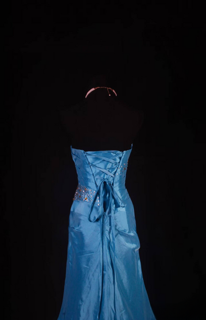 Vintage Mermaid Strapless Silver Beads Blue Taffeta Long Prom Dresses Party Dress Princess Graduation Outfits For Women AU562