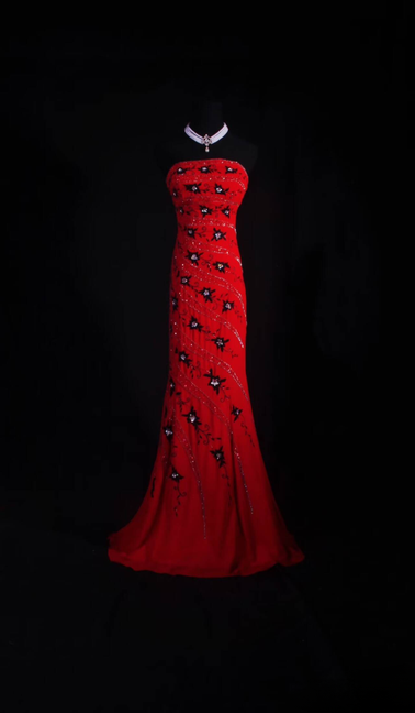 Retro Mermaid Strapless Silver Beads Red Chiffon Long Prom Dresses Party Dress Princess Graduation Outfits For Women AU563