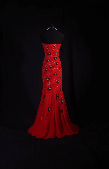 Retro Mermaid Strapless Silver Beads Red Chiffon Long Prom Dresses Party Dress Princess Graduation Outfits For Women AU563