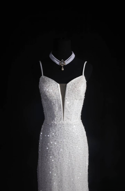 Vintage Prom Dresses 90s Mermaid Spaghetti Straps White Sequin Long Party Dress Inspiration Senior Dance Graduation Dresses AU568