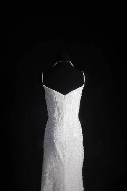 Vintage Prom Dresses 90s Mermaid Spaghetti Straps White Sequin Long Party Dress Inspiration Senior Dance Graduation Dresses AU568