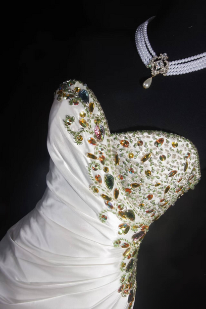 Retro Mermaid Sweetheart Gold Beads White Satin Long Prom Dresses Party Dress Princess Graduation Outfits For Women AU569