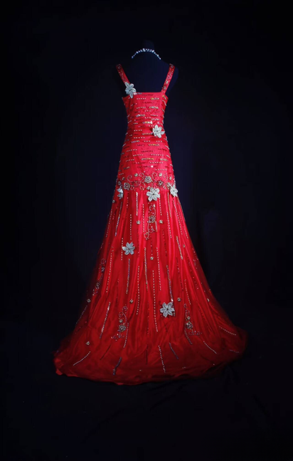 Retro Mermaid V Neck Silver Beads Red Satin Long Prom Dresses Party Dress Princess Graduation Outfits For Women AU571