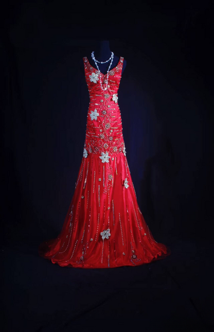 Retro Mermaid V Neck Silver Beads Red Satin Long Prom Dresses Party Dress Princess Graduation Outfits For Women AU571