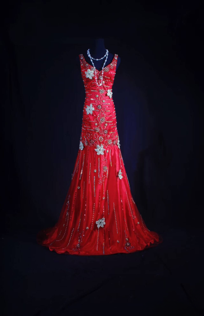 Retro Mermaid V Neck Silver Beads Red Satin Long Prom Dresses Party Dress Princess Graduation Outfits For Women AU571