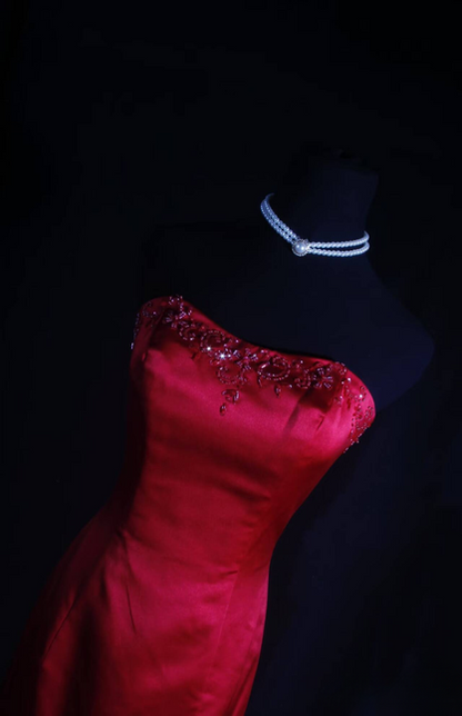 Retro Mermaid Sweetheart Red Satin Long Prom Dresses Party Dress Princess Graduation Outfits For Women AU572