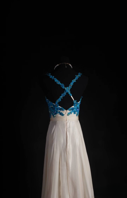 Vintage Prom Dresses 90s A Line Spaghetti Straps Blue Lace Champagne Chiffon Long Party Dress Inspiration Senior Dance Graduation Dresses AU581