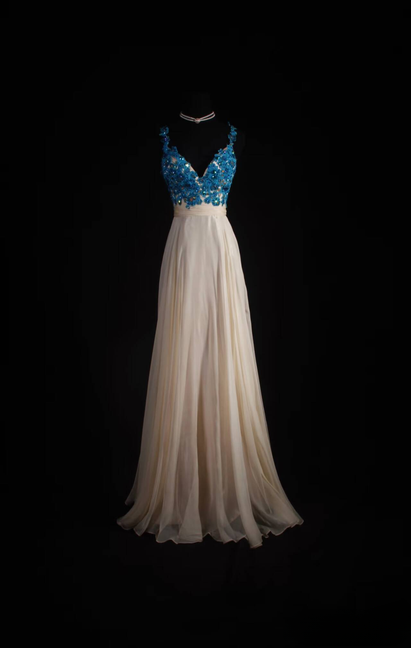 Vintage Ballkleider 90er Jahre A-Linie Spaghettiträger Blaue Spitze Champagner Chiffon Langes Partykleid Inspiration Senior Dance Abschlusskleider AU581