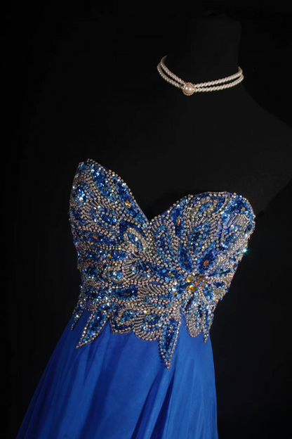 Retro A Line Sweetheart Royal Blue Chiffon Beads Long Prom Dresses Party Dress Graduation Outfits For Women AU582
