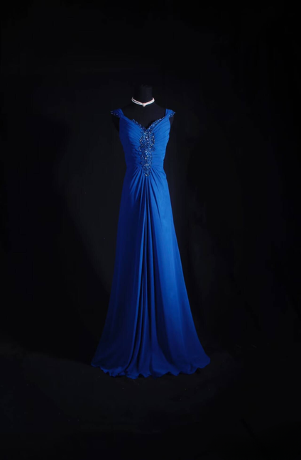 Vintage Ballkleider 90er Jahre A-Linie V-Ausschnitt Königsblau Chiffon Langes Partykleid Inspiration Senior Dance Graduation Dresses AU586