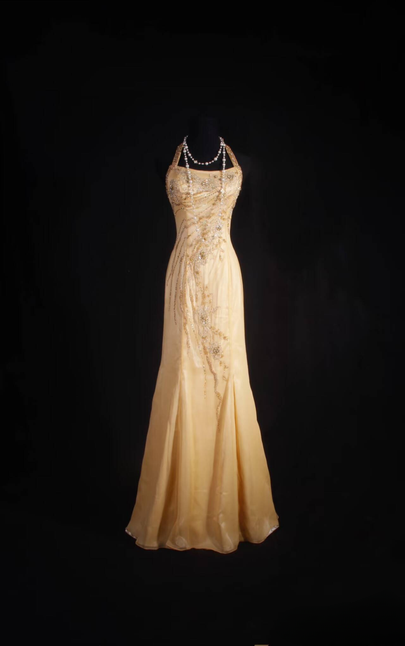 Vintage Ballkleider 1950er Retro Classy Mermaid Halfter Satin Gelb Langes Partykleid Graduation Outfit Für Frauen AU592