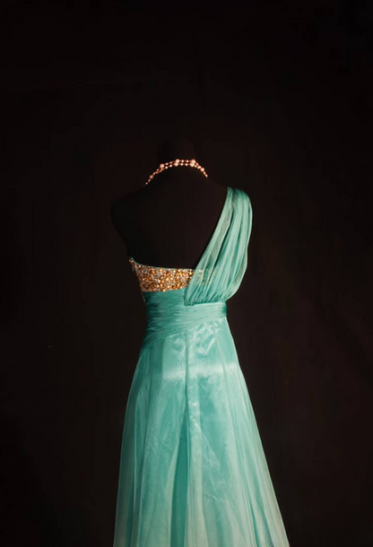 Retro A Line One Shoulder Chiffon Gold Beads Long Prom Dresses Party Dress Graduation Outfits For Women AU593