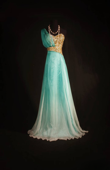 Retro A Line One Shoulder Chiffon Gold Beads Long Prom Dresses Party Dress Graduation Outfits For Women AU593