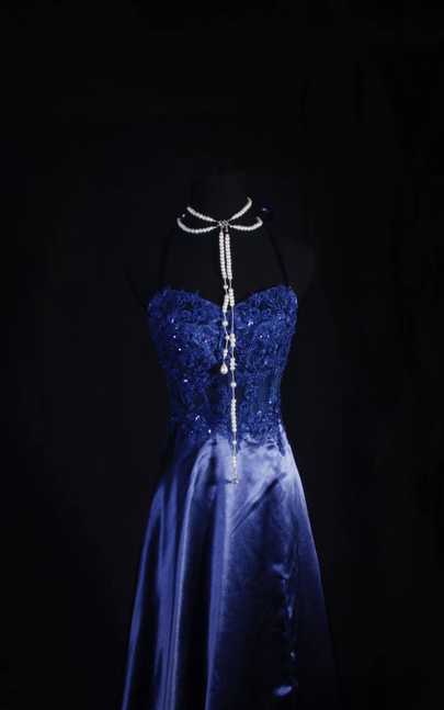 Vintage Prom Dresses 1950s Retro Classy A Line Halter Navy Blue Satin Lace Long Party Dress Graduation Outfit For Women AU597