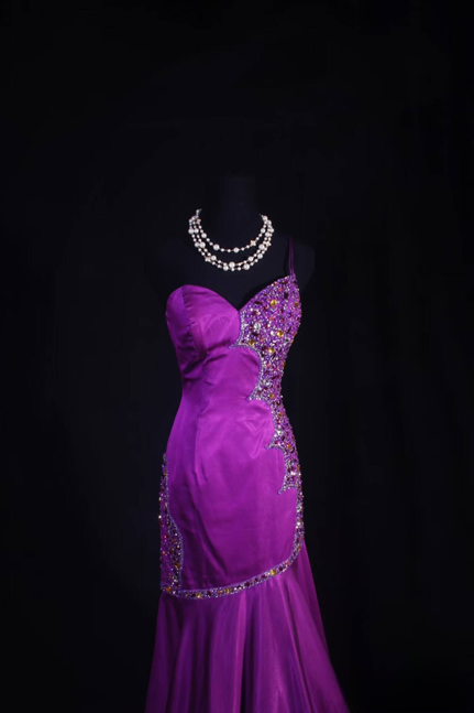 Retro Mermaid One Shoulder Chiffon Silver Beads Grape Long Prom Dresses Party Dress Graduation Outfits For Women AU599