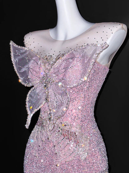 Elegant Mermaid Scoop Neck Pink Sequin Prom Dresses Party Dress 16th Birthday Outfits Senior Graduation Dress AU668