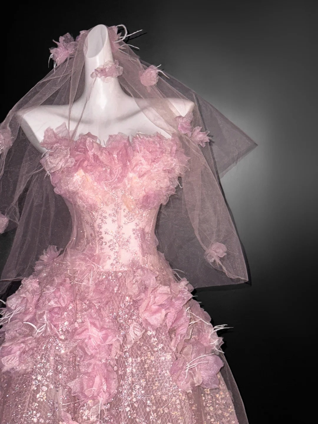 Vintage Ball Gown Strapless Light Pink Tulle Floral Prom Dresses Long Party Dress 18th Birthday Outfit Graduation Dress AU669