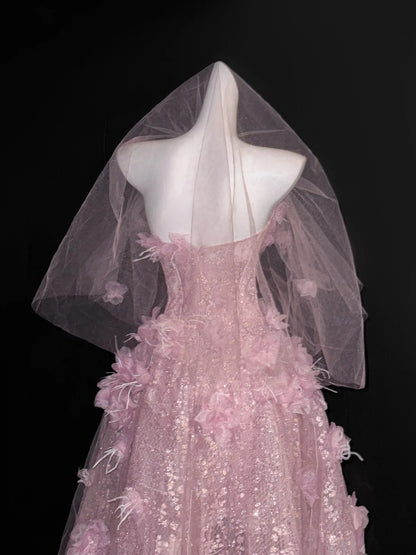 Vintage Ball Gown Strapless Light Pink Tulle Floral Prom Dresses Long Party Dress 18th Birthday Outfit Graduation Dress AU669