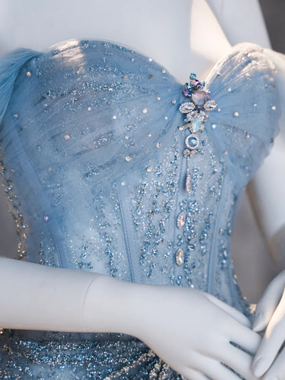 Vintage Mermaid Off The Shoulder Blue Tulle Sequins Prom Dresses Long Party Dress 18th Birthday Outfit Graduation Dress AU710