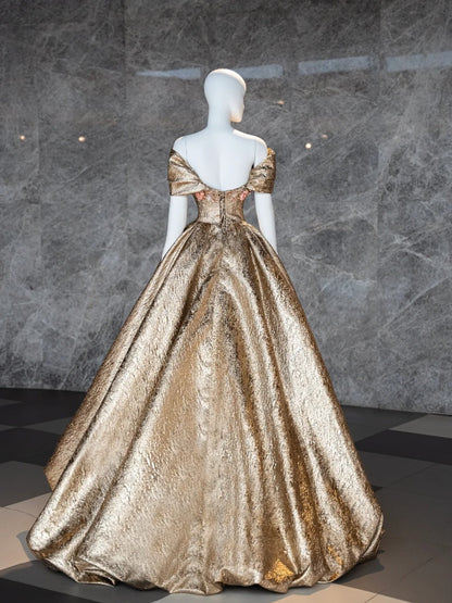 Unique Ball Gown Off The Shoulder Gold Satin Prom Dresses inspiration Long Party Dress Birthday Outfits Graduation Dress AU737