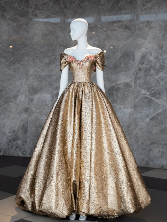 Unique Ball Gown Off The Shoulder Gold Satin Prom Dresses inspiration Long Party Dress Birthday Outfits Graduation Dress AU737