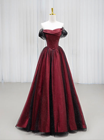 Classy Ball Gown Off The Shoulder Burgundy Black Tulle Prom Dresses Long Party Dress 18th Birthday Outfit Senior High School Dance Dress AU827