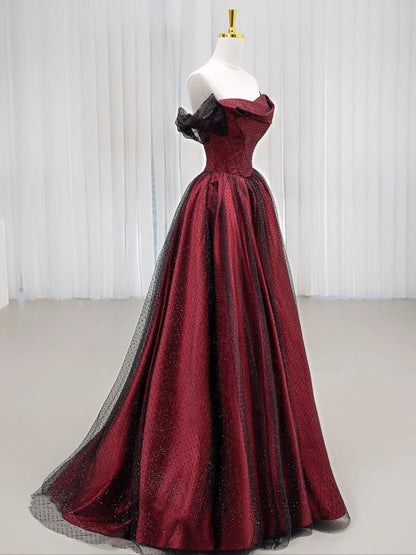 Classy Ball Gown Off The Shoulder Burgundy Black Tulle Prom Dresses Long Party Dress 18th Birthday Outfit Senior High School Dance Dress AU827