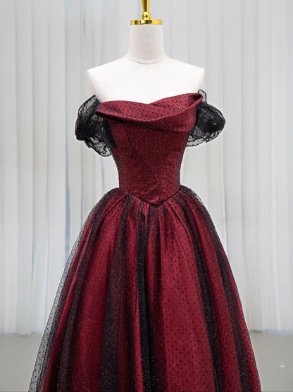 Classy Ball Gown Off The Shoulder Burgundy Black Tulle Prom Dresses Long Party Dress 18th Birthday Outfit Senior High School Dance Dress AU827