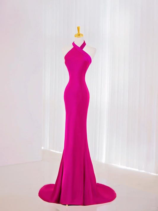 Sexy Mermaid High Neck Hot Pink Satin Prom Dresses Long Party Dress 18th Birthday Outfit Graduation Dress AU832