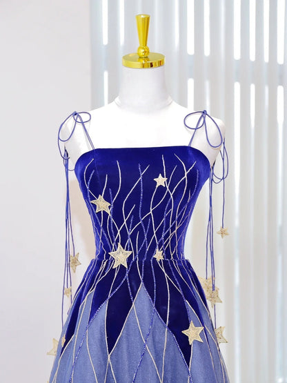 Classy A Line Spaghetti Straps Blue Tulle Prom Dresses Long Party Dress 18th Birthday Outfit Senior High School Dance Dress AU851