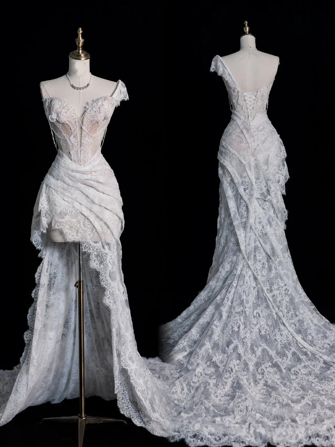 Romantisches langes weißes Brautkleid mit asymmetrischem Saum und One-Shoulder-Ausschnitt aus Spitze – figurbetontes Brautkleid AS455