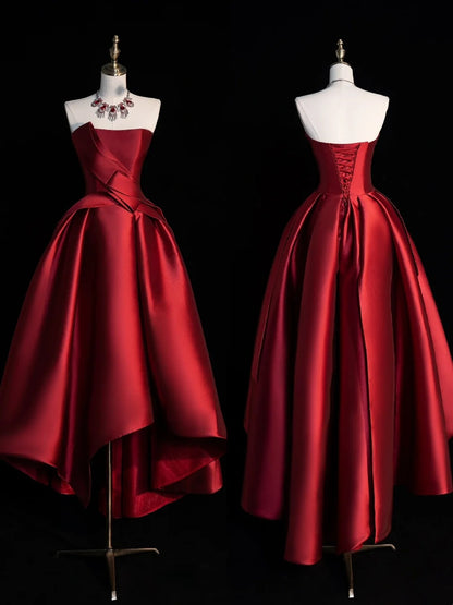 Classy Ball Gowns High Low Strapless Burgundy Satin Prom Dresses Graduation 20th Birthday Outfits N506