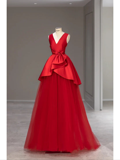 Robe de bal élégante col en V tulle rouge satin longues robes de bal Inspo Tenues de soirée RB4011