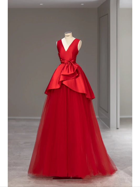 Elegant Ball Gown V Neck Red Tulle Satin Long Prom Dresses Inspo Evening Outfits RB4011