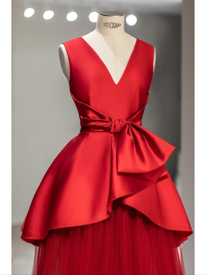 Robe de bal élégante col en V tulle rouge satin longues robes de bal Inspo Tenues de soirée RB4011