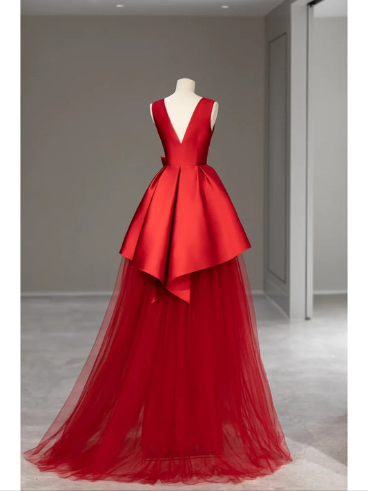 Elegant Ball Gown V Neck Red Tulle Satin Long Prom Dresses Inspo Evening Outfits RB4011