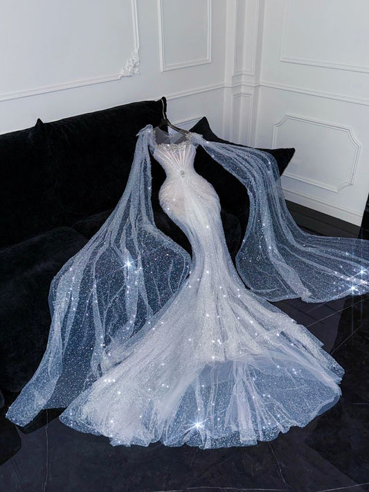 Robe de mariée sirène de rêve à col rond et paillettes blanches, longue, magnifique robe de mariée formelle à manches courtes B04