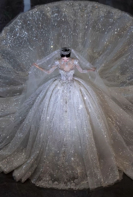 Robe de mariée longue blanche en tulle, col en cœur, manches longues, élégante, robe de bal, B05