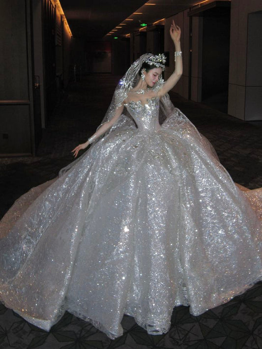 Robe de mariée longue romantique à paillettes et appliques argentées, décolleté en cœur, style déesse, robe de mariée formelle B06