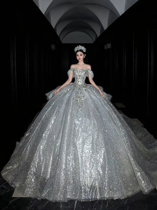 Robe de bal romantique à épaules dénudées et paillettes argentées, robe de mariée longue, robes de déesse, robes de mariée formelles B07