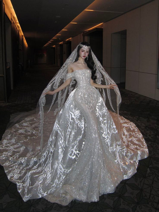 Robe de mariée sirène de rêve à épaules dénudées et paillettes, longue, formelle, manches courtes, B08