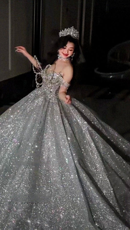 Robe de mariée longue à paillettes argentées et décolleté en cœur, style féerique, robe de mariée formelle, B09