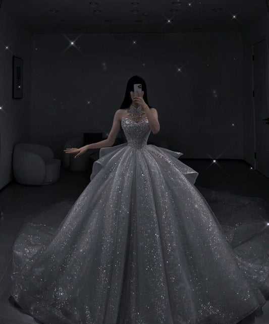 Robe de bal romantique, col haut, appliques argentées à paillettes, longue robe de mariée, robes de déesse, robes de mariée formelles B10