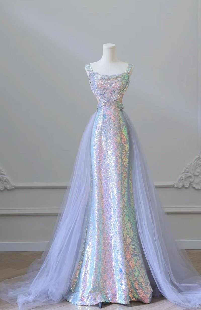 Elegant Mermaid Square Neck Lilac Sequin Long Floor Length Prom Dress Inspiration Prom Dresses B100