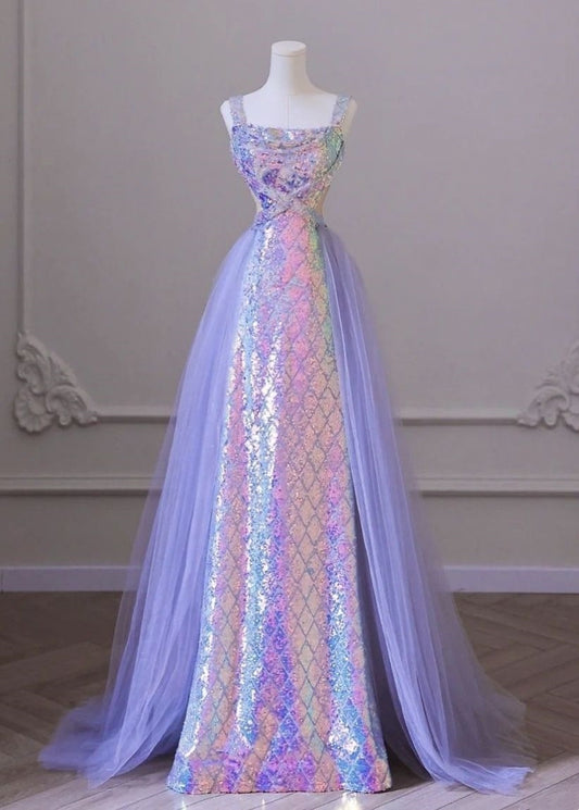 Elegant Mermaid Square Neck Lilac Sequin Long Floor Length Prom Dress Inspiration Prom Dresses B100